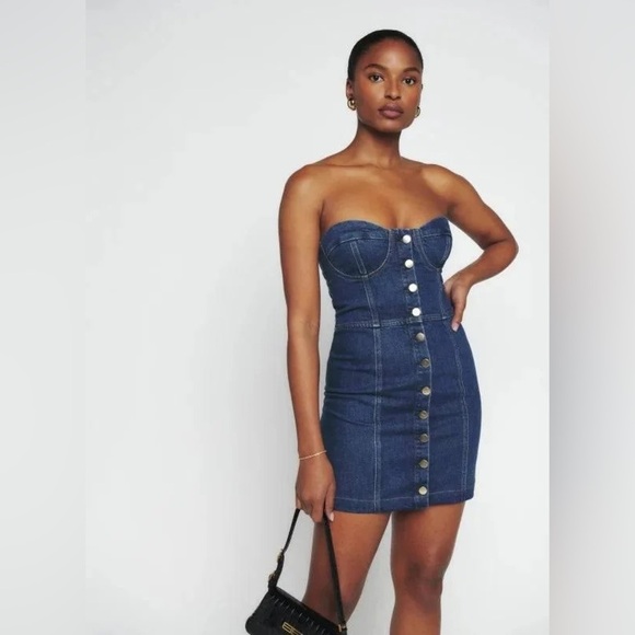 Reformation Nikki Strapless Bustier Denim Mini Dress Size 10 - Picture 1 of 6